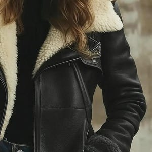 Peut inclure: Veste en cuir noir avec col et doublure en peau de mouton cr&egrave;me. La veste pr&eacute;sente une fermeture &eacute;clair asym&eacute;trique classique, un revers crant&eacute; et un aspect chaleureux. Les manches ont un poignet en peau de mouton.
