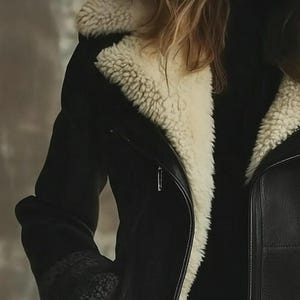 Peut inclure: Veste en cuir noir avec une doublure en peau de mouton cr&egrave;me autour du col et des poignets. La veste a une fermeture &eacute;clair et un style motard classique. Le mod&egrave;le porte un col roul&eacute; noir et un jean bleu.