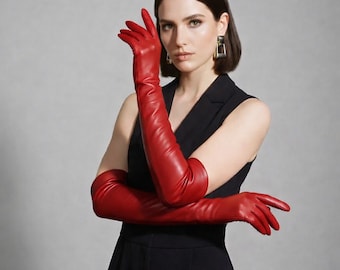 Women’s Long Leather Gloves, Sheepskin Opera Gloves, Vintage Winter Elegance
