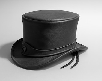 Handmade Black Leather Steampunk Top Hat Minimalist Gothic Festival Cosplay Hat