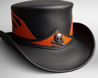 Handmade Gothic Steampunk Black Leather Top Hat Skull Flame Accent Cosplay & Festival Hat