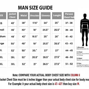 May include: A size guide for men's jackets, with measurements in inches for chest, waist, shoulder, sleeves, and length. Includes a diagram of a man with measurement points. Text at the bottom explains how to use the guide.