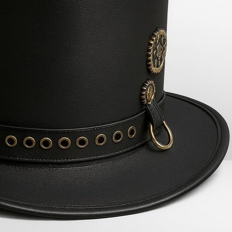 May include: A black top hat with a wide brim. The hat features a leather band with brass eyelets and a decorative brass emblem. A small leather strap with a brass ring is attached to the side.