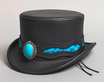 Handmade Black Leather Steampunk Hat Turquoise Gem Gothic Cosplay