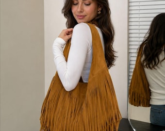 Suede Fringe Hobo Bag, Western Boho Shoulder Purse, Large Tassel Handbag