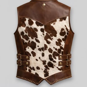 May include: A brown leather vest with a cowhide front panel. The vest features a notched collar, two adjustable buckle straps, and decorative metal studs along the bottom edge. The back panel is solid brown leather.