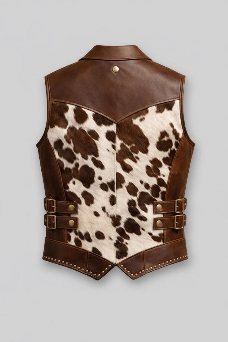 May include: A brown leather vest with a cowhide front panel. The vest features a notched collar, two adjustable buckle straps, and decorative metal studs along the bottom edge. The back panel is solid brown leather.