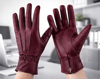 Burgundy Leather Gloves Women | Zipper Wrist, Perforated Detail
