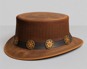 Handmade Brown Leather Steampunk Western Top Hat Star Concho Cowboy Festival Cosplay Hat