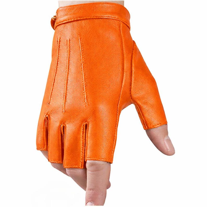 Black Fingerless Sheepskin Leather Gloves, Vintage Biker Driving Gloves Orange