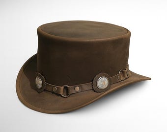 Handmade Brown Leather Steampunk Top Hat | Rustic Concho Gothic Cosplay Festival Hat
