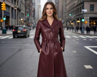 Women’s Long Leather Coat | Belted Elegant Winter Coat | Classic City Style Outerwear for Women
