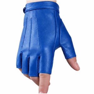 Black Fingerless Sheepskin Leather Gloves, Vintage Biker Driving Gloves Blue