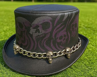 Steampunk Gothic Black Leather Top Hat Skull Flames & Silver Chain Band