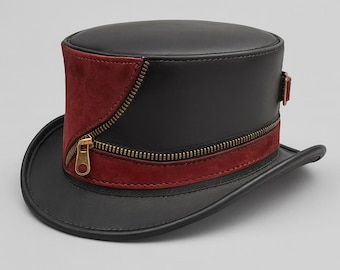 Handmade Steampunk Leather Top Hat Black & Red Zipper Design