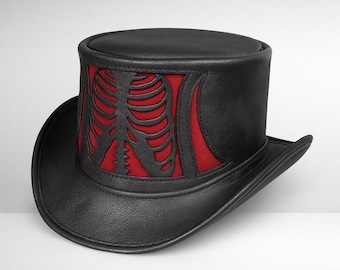 Handmade Gothic & Steampunk Ribcage Leather Top Hat Black Red Contrast Halloween Cosplay Hat