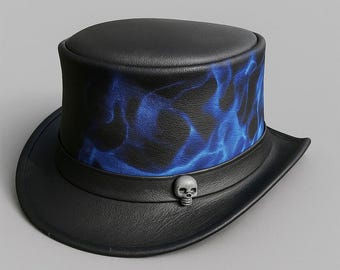 Handmade Blue Flame Leather Steampunk Top Hat Gothic Skull Cosplay & Festival Hat