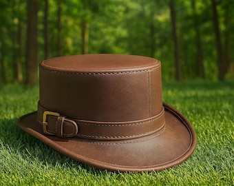 Handmade Brown Leather Top Hat Steampunk Cosplay, Burning Man Victorian Style