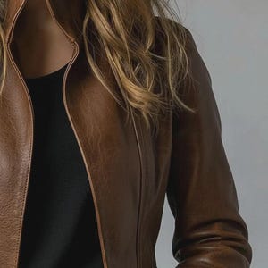 May include: A brown leather jacket with a high collar. The jacket is a medium brown color and has a tailored fit. The sleeves are long and the jacket appears to be made of a soft leather material.