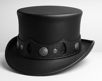 Gothic Steampunk Black Leather Top Hat with Rivet Cut Out Band