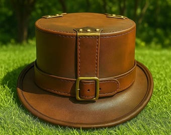 Handmade Brown Leather Steampunk Top Hat Brass Accent Victorian Cosplay
