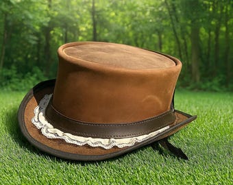 Handmade Brown Leather Steampunk Top Hat with Vintage Lace Band