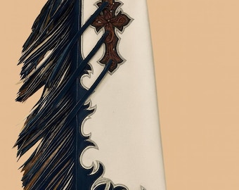 Custom White & Navy Rodeo Leather Chaps – Hand Tooled Cross Inlay, Western Batwing Fringe Cowboy Cowgirl Show Chaps Ranch Riding Competition