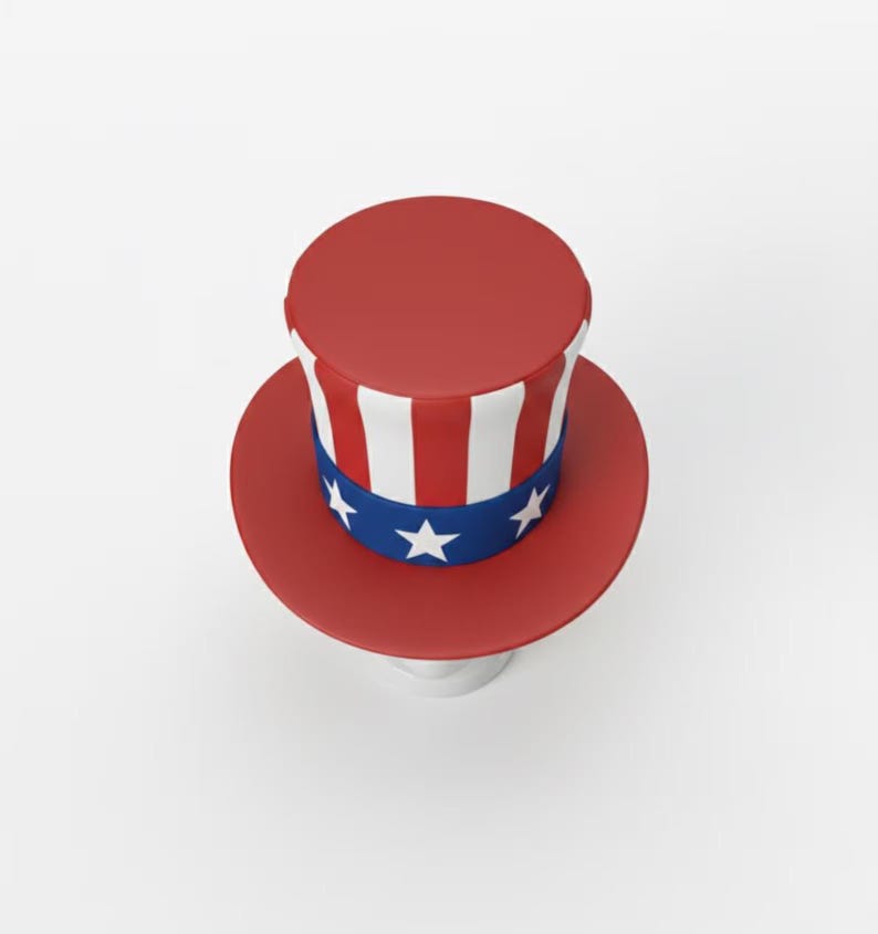 May include: A red, white, and blue Uncle Sam hat. The hat features a red top and brim, with a white and red striped band and a blue band with white stars. This patriotic hat is a symbol of American culture.