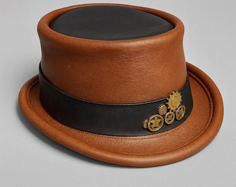 Handmade Steampunk Leather Top Hat – Brown & Black Gear Design