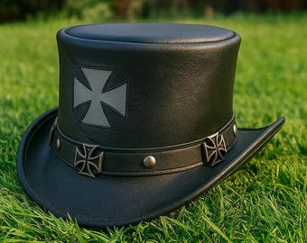 Handmade Full-Grain Leather Steampunk Top Hat | Gothic Iron Cross Band