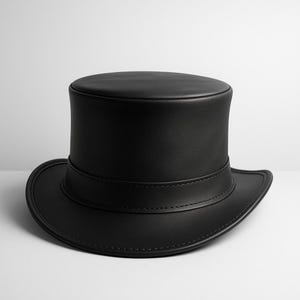 May include: A black top hat with a rounded crown and a wide brim. The hat is made of a smooth, leather-like material and features a band around the base of the crown. The hat is a classic accessory.