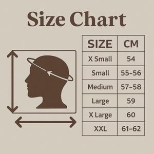 May include: A size chart with the text "Size Chart" at the top. The chart shows head sizes in centimeters, ranging from 54 cm (X Small) to 61-62 cm (XXL). A diagram illustrates how to measure the head.