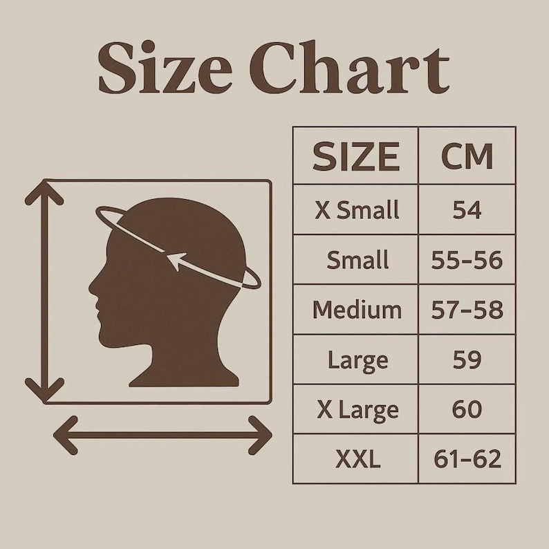 May include: A size chart with the text "Size Chart" at the top. The chart shows head sizes in centimeters, ranging from 54 cm (X Small) to 61-62 cm (XXL). A diagram illustrates how to measure the head.
