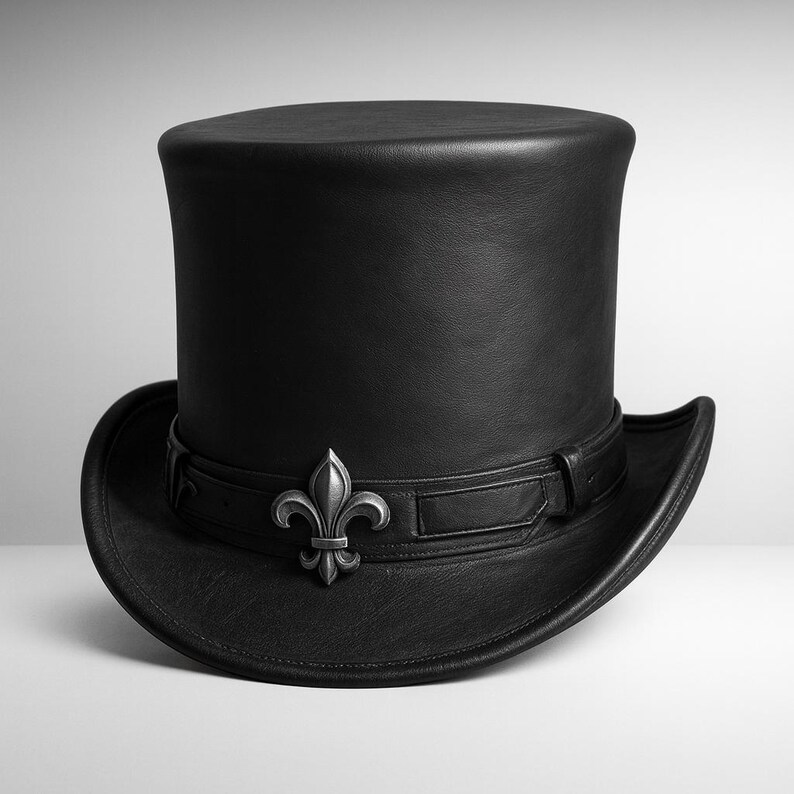 May include: A black leather top hat with a silver fleur-de-lis emblem on a band around the crown. The hat has a wide brim and a tall, cylindrical crown. The hat is approximately 7 inches tall.