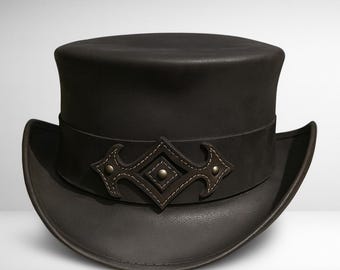 Steampunk Gothic Black Leather Top Hat Diamond Band Accent Hat