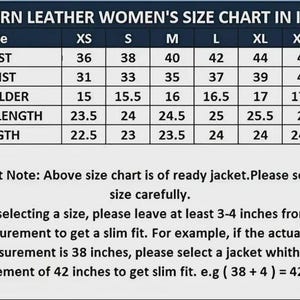 May include: A size chart for western leather jackets, with measurements in inches. The chart includes bust, waist, shoulder, sleeve length, and length measurements for sizes XS to XXXL. The text advises to add 3-4 inches to body measurements for a slim fit.