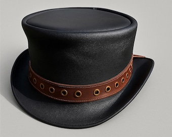 Chapeau haut de forme steampunk fait main en cuir noir pour festival gothique