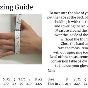 May include: A hand with a measuring tape, demonstrating how to measure for glove size. The image includes a sizing guide with measurements in inches and centimeters for both women and men.