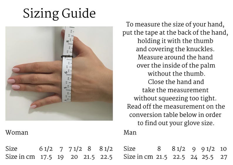 May include: A hand with a measuring tape, demonstrating how to measure for glove size. The image includes a sizing guide with measurements in inches and centimeters for both women and men.