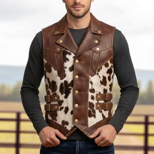 May include: A brown leather vest with a cowhide front panel. The vest features a notched collar, brass-colored buttons, and two adjustable buckle straps. The vest is a western-style garment.