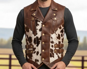 Débardeur en cuir de vachette pour homme | Gilet motard western boutonné