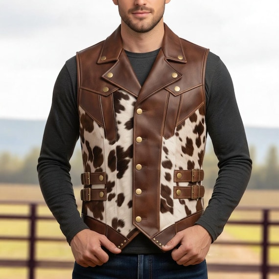 Men’s Hair On Cowhide Leather Vest | Western Biker Button Waistcoat