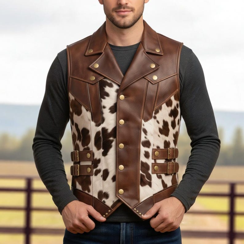 May include: A brown leather vest with a cowhide front panel. The vest features a notched collar, brass-colored buttons, and two adjustable buckle straps. The vest is a western-style garment.