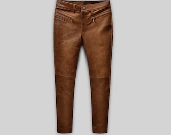 Brown Lambskin Leather Pants Men Slim Fit Leather Jeans Style