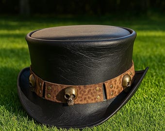 Handmade Steampunk Leather Top Hat Gothic Skull Band Burning Man Cosplay