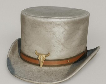 Handmade Distressed Silver Leather Steampunk Top Hat Bull Skull Western Gothic Cosplay Hat