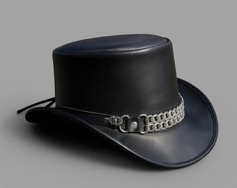 Handmade Black Leather Steampunk Top Hat  Silver Chain Accent