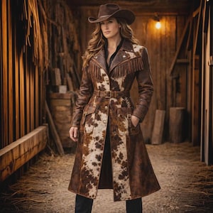 May include: A brown leather cowgirl coat with a cowhide pattern, fringe detailing, and a belt. The coat is worn with a brown cowboy hat. The coat has pockets and a button-down front. The coat is knee-length.