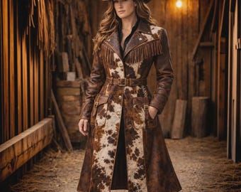 Women Cowhide Leather Fringe Coat | Western Style Belted Jacket | Vintage Inspired Long Leather Outerwear