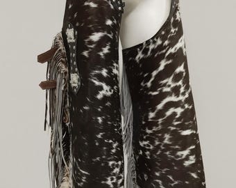 Handmade Hair-On Cowhide Leather Chinks – Western Rodeo Fringe Chaps